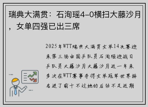 瑞典大满贯:石洵瑶4-0横扫大藤沙月,女单四强已出三席 瑞典大满贯:石洵瑶4-0横扫大藤沙月,女单四强已出三席